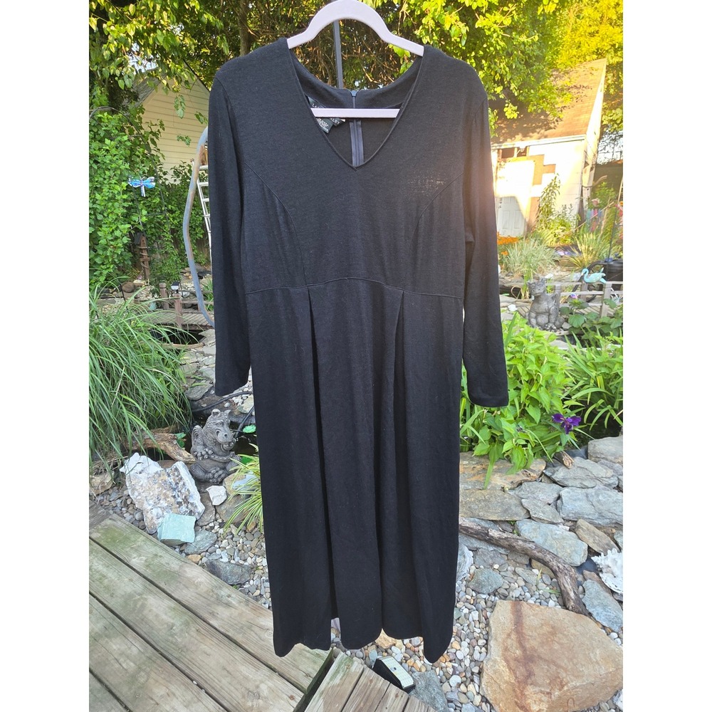 Laura Ashley Black VNeck Empire Waist Pleated Midi Dress Long Sleeve USA Made 14